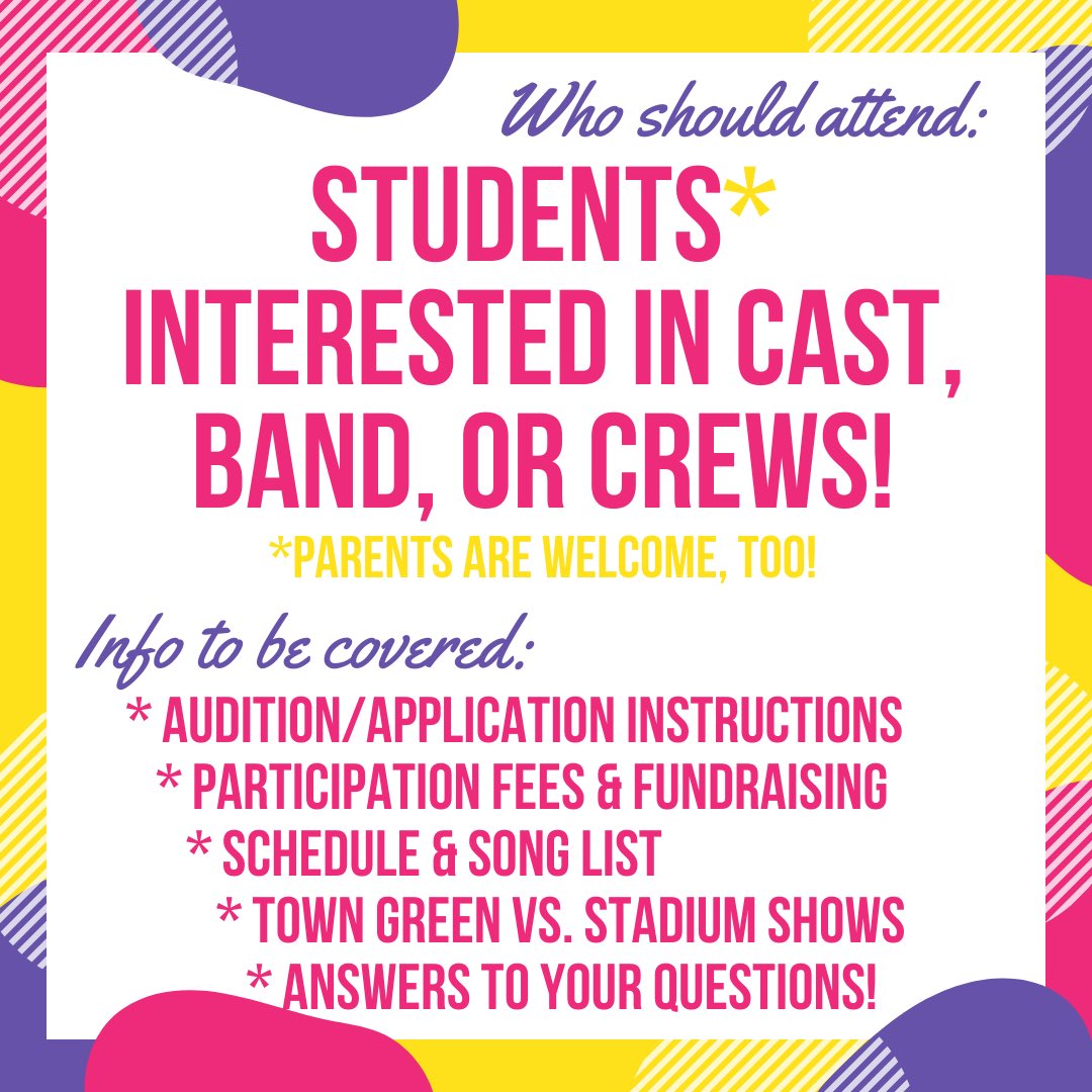 We’re ready to share the exciting details for CenterStage [Act 11] with ALL of you! 
Wednesday, March 3rd at 7pm

Can’t make it? Watch the meeting recording later or ask a friend to fill you in!

Stay tuned for a link to be on our CS email list! 

#MapleGroveMusicalTheatre