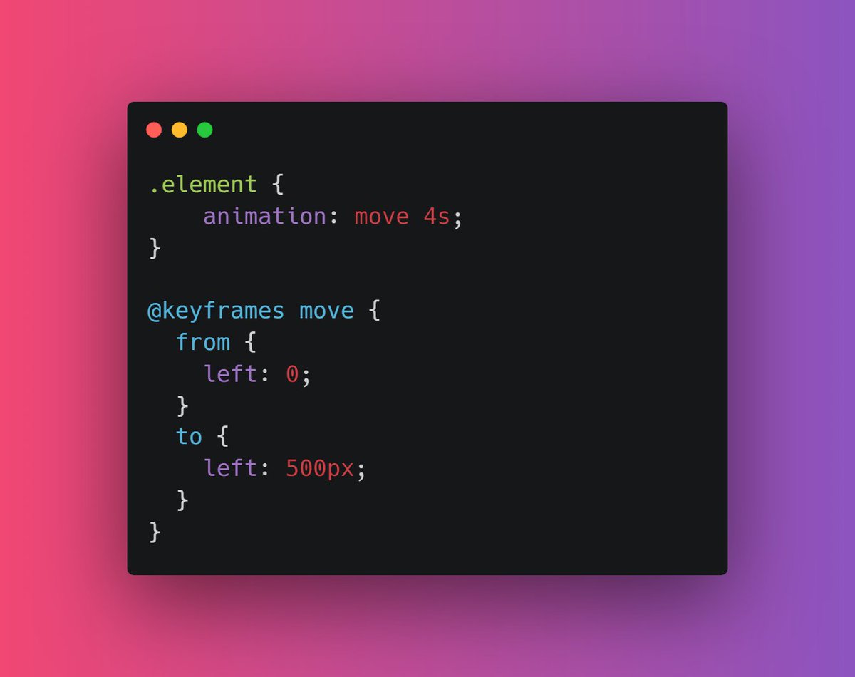 animation property is used to bind keyframes with a particular elementFor example, suppose I want to move my element 500px left in four seconds. It's very easy (check video in next tweet){ 5 / 19 }