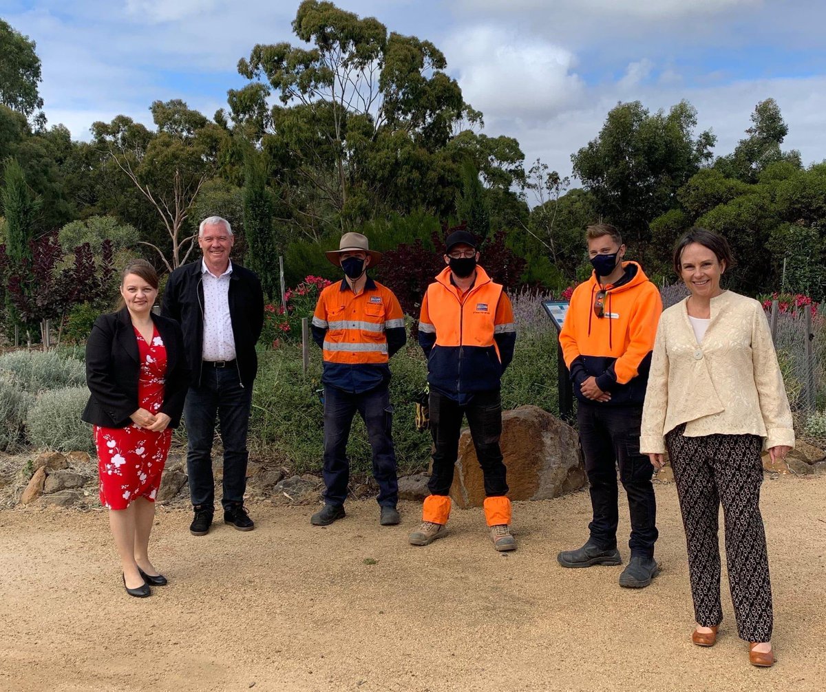 JaalaPulford's tweet photo. Visited Melton Botanic Garden with @McghieMp where Jaden, Brandon and Chris have been constructing an Eastern Australian garden bed. Our #WorkingForVictoria partnership with City of Melton has created 122 local jobs that benefit the whole community. https://t.co/MPa53rKhSF