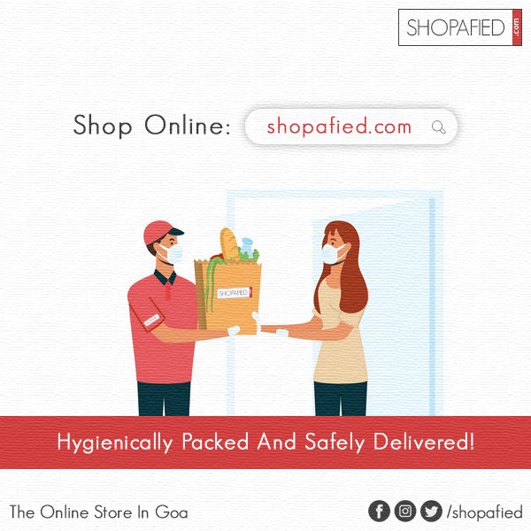 shopafied's tweet photo. At #shopafied.com, we prepare your #order keeping in mind the precautionary measures. Our #delivery executive adheres to the safety protocols to deliver your order safely at your #doorstep.
#onlineshopping #onlinestore #onlinesupermarket #goa #shoponline #grocery #homedelivery https://t.co/H3jkm0gK6z