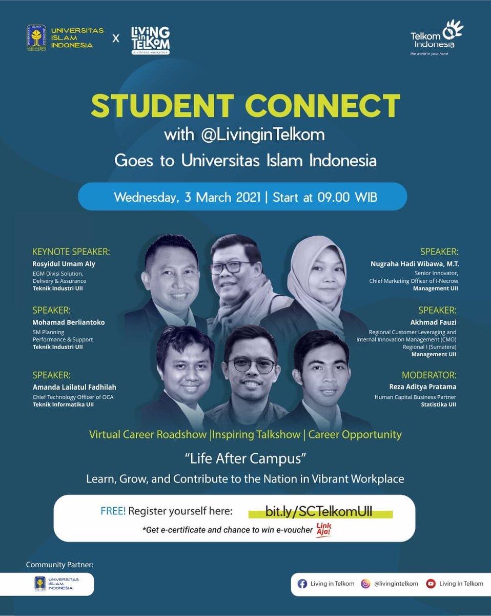 dpkuii's tweet photo. Student Connect with @LivinginTelkom.

📅 Rabu, 3 Maret 2021
⏰ Waktu: 09.00 WIB
📌 Registrasi: https://t.co/kdBZS6lVBR https://t.co/tvNEiLAIRv