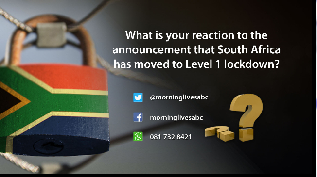 MorningLiveSABC's tweet photo. What is your reaction to the announcement that South Africa has moved to Level 1 lockdown?
#MorningLivesabc 
#SABCNews 
@LeanneManas
 @SakinaKamwendo https://t.co/yk7dQ23k0w