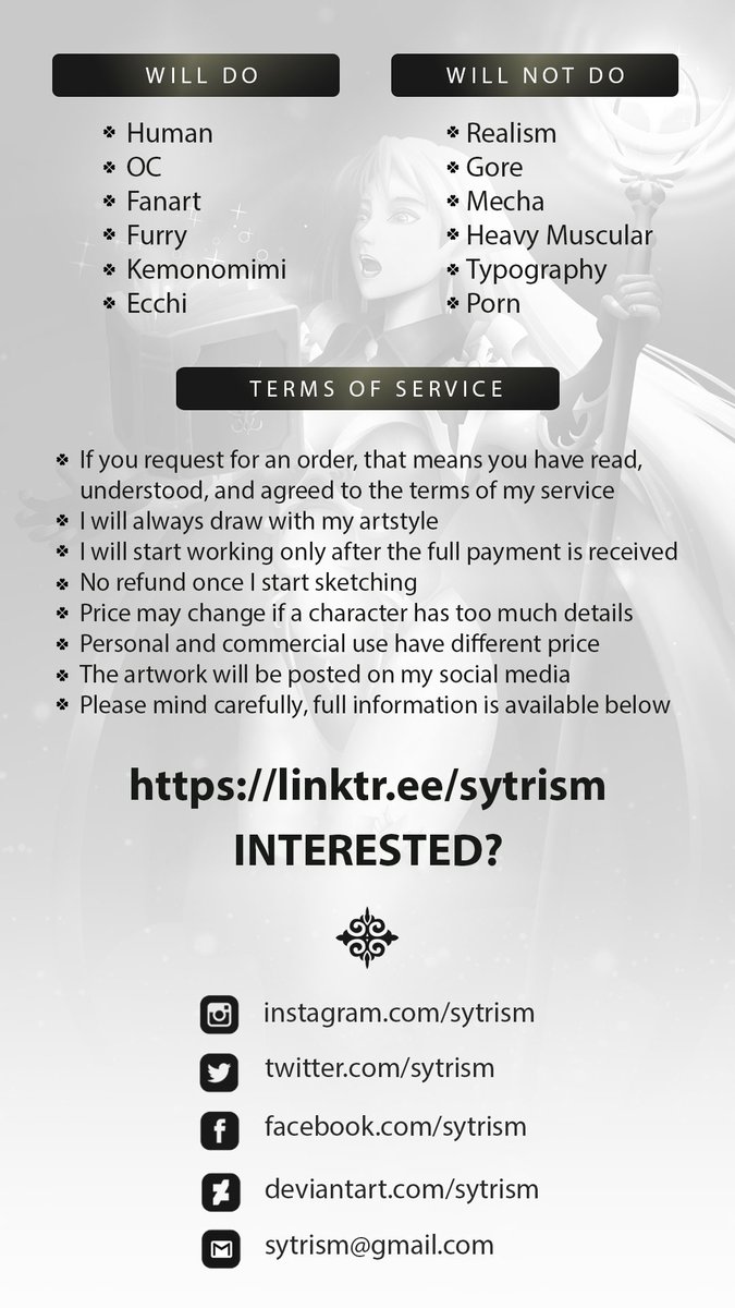 [COMMISION OPEN]
*RTs are really appreciated

Hello! I'm opening my first commision art. Kindly check my commision sheet below. 🙂

Please DM me for ordering.
more info: linktr.ee/sytrism

#commissions #commissionsopen #artidn #zonakaryaid <a href="/CmsnArtist_Id/">Rules at Pinned 📌</a> <a href="/cmsn_ART/">Art Commission Bot (unstable)</a>