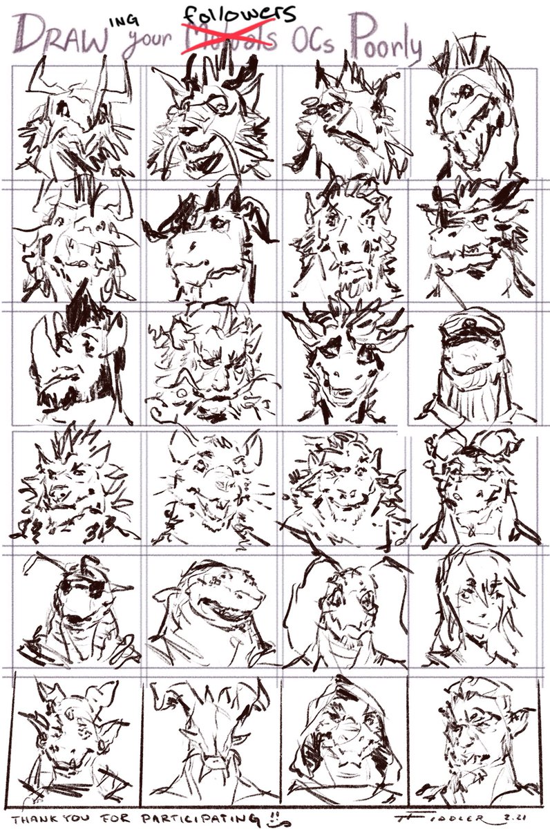 The final sheet!! Thank you guys for participating and for sharing! Despite not drawing all of them, it was a lot of fun getting to see everyone's awesome OCs! ??
#sketch #drawing 