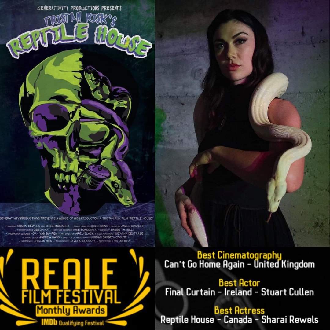 littlemissrisk's tweet photo. Congratulations to @SharaiRewels on her Reale Film Festival win for Best Actress in #ReptileHouseFilm! #neogiallo #horror #nofakesnakes https://t.co/nQC1NI4Xkn