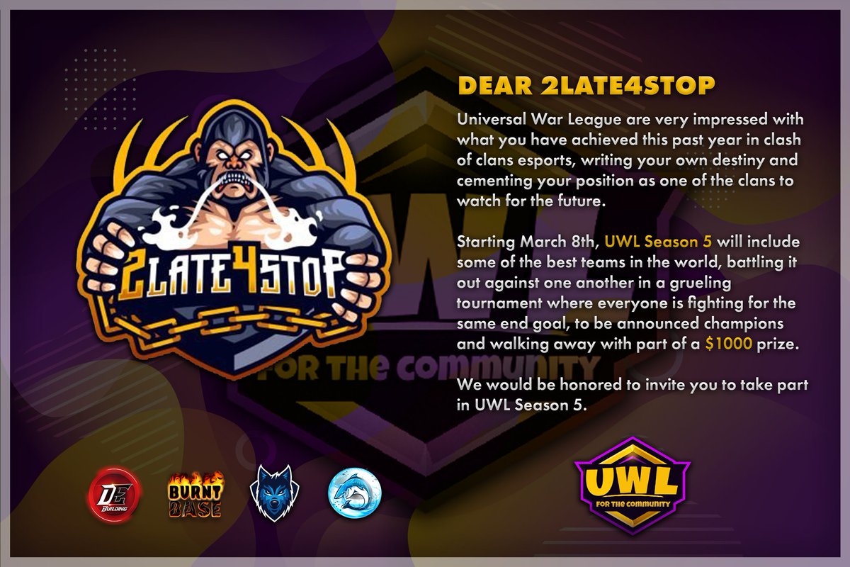 🏆It's an honour for us to have <a href="/2Late4Stop/">2Late4Stop</a> with us in Season 5.Thanks for Accepting. 🏆

Looking forward for some Insane performance from you guys this season. See you on March 8th.