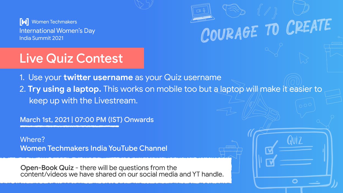 GDGIndia's tweet photo. Ready for the #Contest happening today at 07:00 PM?

Check out the tips below👇

Also, go through the content shared by @WtmIndia on social media &amp; YouTube as the quiz will have the questions from the same.

🔗https://t.co/3XmjZxHgk9 

#IWDIndia2021 #ContestAlert #CourageToCreate https://t.co/xej3K1HJGp