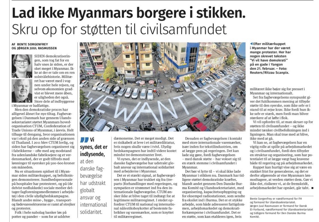 Vi skal ikke lade #Myanmar i stikken. Danmark har tidligere støttet demokratiske kræfter, med organisering og kapacitetsopbygning. Det er en støtte, som kan etableres igen, hvis militæret ikke bøjer sig for presset i Myanmar og internationalt i @kristeligt #dkpol