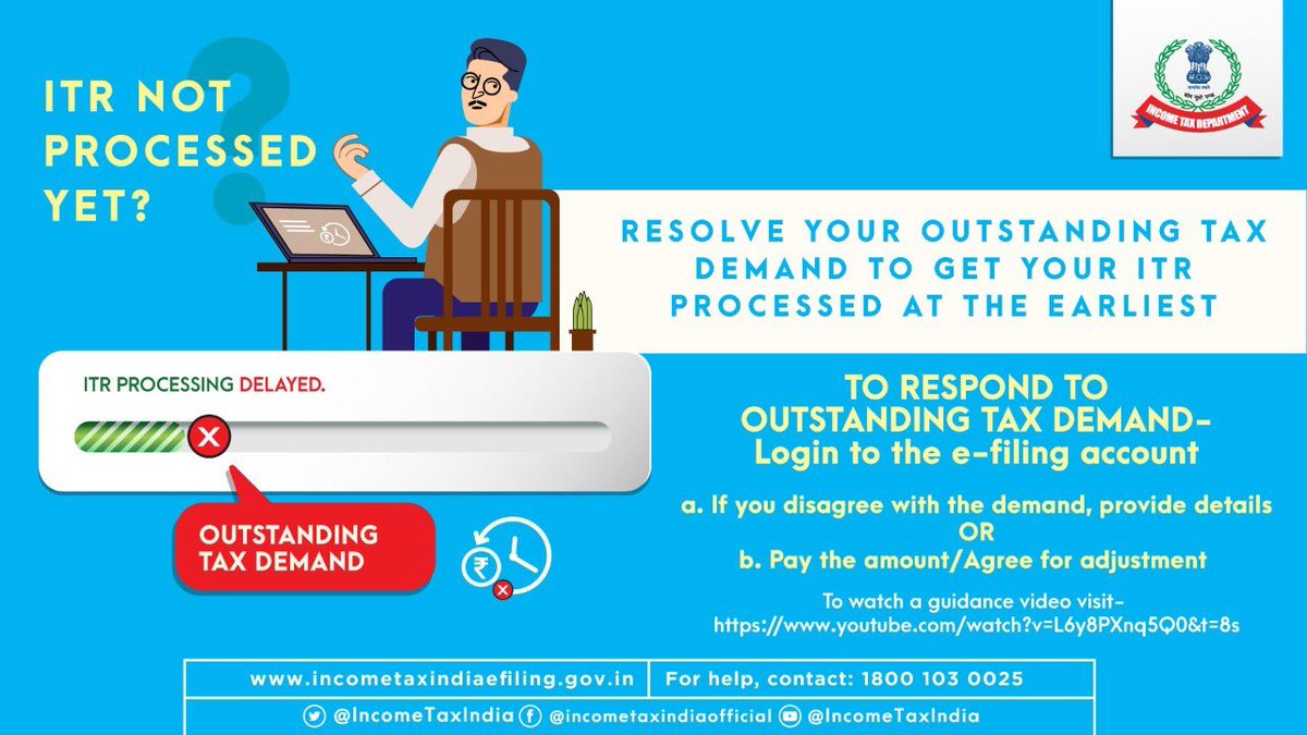IncomeTaxIndia's tweet image. ITR not processed yet? Please resolve your outstanding tax demand to enable quick processing of your ITR.
To watch a video on how to view and respond to outstanding tax demand, please visit :
youtube.com/watch?v=L6y8PX…
#ITR2021 #IncomeTaxIndia