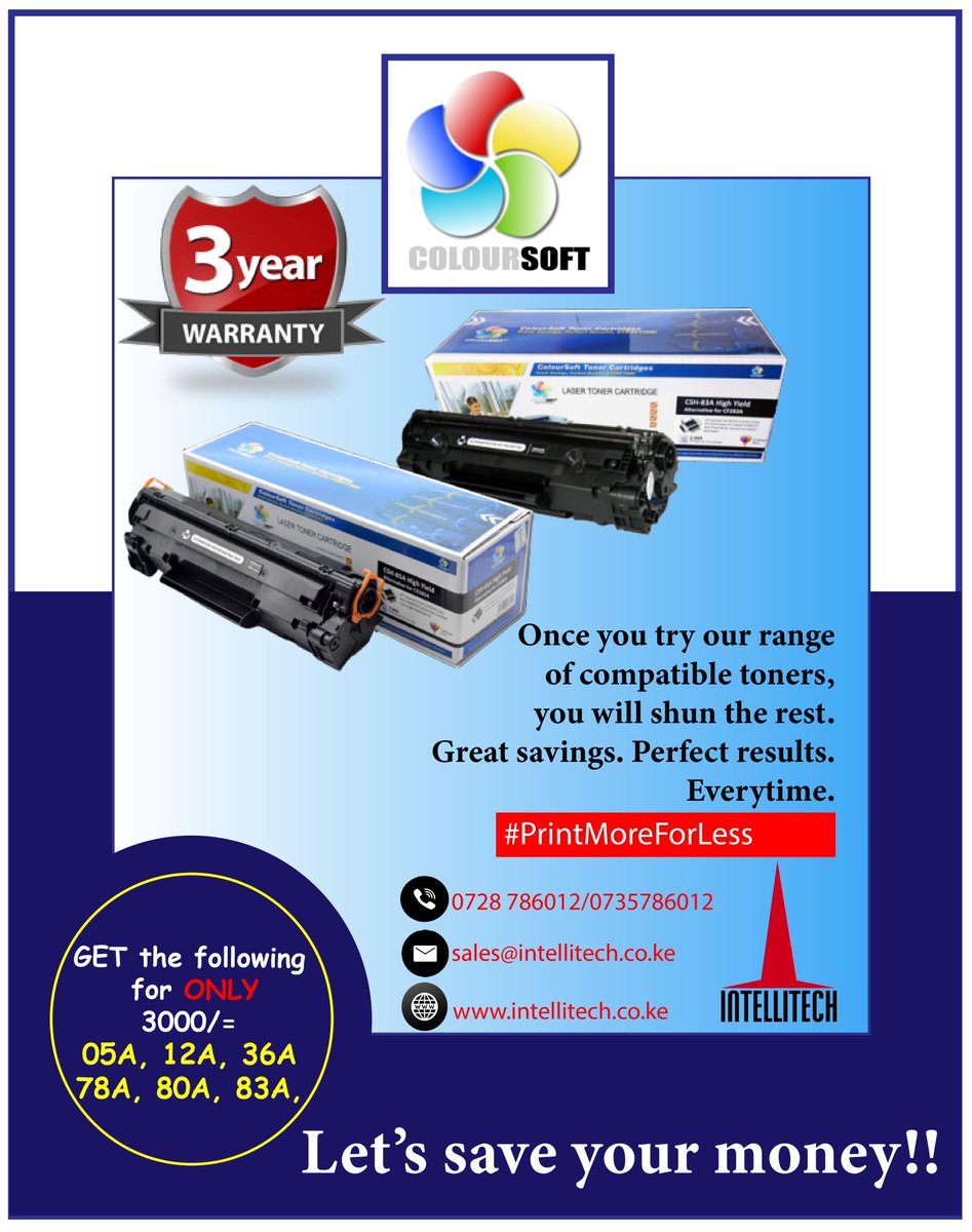 intellitech_ltd's tweet image. Our offer on the HP 05A, 12A, 78A, 80A, 83A and 85A Coloursoft compatible toners is still on-going. Call us on 0728 786012/ 0735 786012 to stock up on your toners at an unbeatable rate!#PrintMoreForLess #PrintingSolutions #MainaAndKingangi  #HappyNewMonth #UhuruDiplomaticConquest