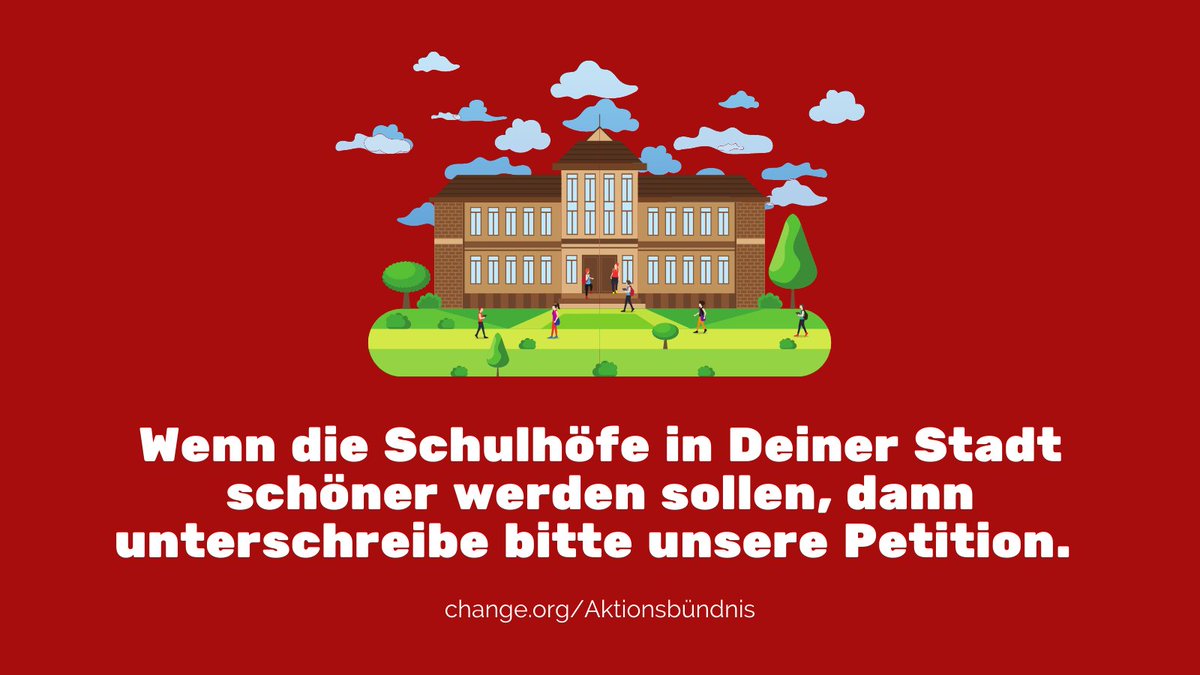 Guter Schutz vor Hitze und Sonne, mehr Grün und sichere Abstellplätze für Räder und Roller - für all das kannst Du auf den Schulhöfen in Deiner Stadt sorgen. Klicke dazu auf change.org/Aktionsbündnis und unterschreibe unsere Petition.