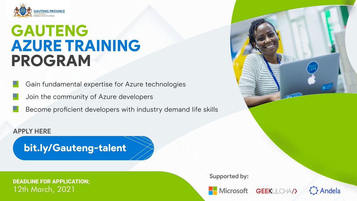 🎊🎉👌🤙 glad to be selected as a mentor for the Gauteng Azure Training Program with <a href="/Andela/">Andela</a> 
<a href="/MicrosoftAfrica/">Microsoft Africa</a> <a href="/Geekulcha/">G E E K U L C H A 🇿🇦</a> 
 
 learn more and apply here : 

bit.ly/Gauteng-talents  

#GautengAzureTraining