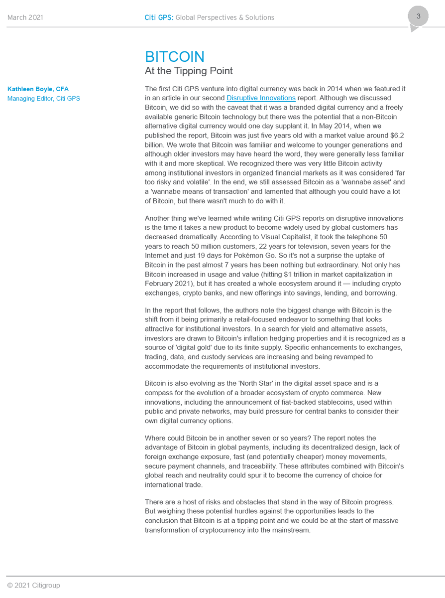Bloqport's tweet photo. Citibank have released a 106-page report on #Bitcoin.

BTC's attributes "could spur it to become the currency of choice for international trade.... Bitcoin is at a tipping point and we could be at the start of a massive transformation of cryptocurrency into the mainstream." https://t.co/i8lrpxn5Ha