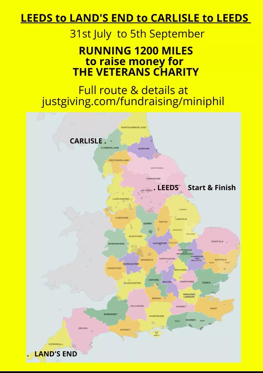 VCTrustee's tweet photo. Big Phil & #MiniPhil are running from Leeds to Leeds!
I should point out it is via Lands End & Carlisle then back to Leeds!
Over 1200mile's for the @VETERANSCHARITY!
@BBCLeeds @BBCDerby @BBCGlos @bbcsomerset @BBCDevon @BBCLancashire @BBC_Cumbria @itvwestcountry
@BBCSpotlight https://t.co/LerKf5S3WS