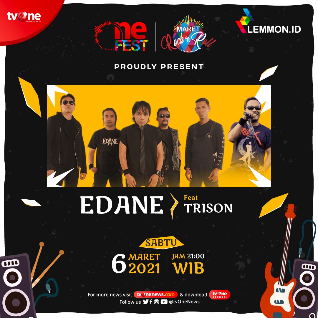 tvOneNews's tweet photo. Sobat One Fest yang nungguin Edane tampil di One Fest mana suaranya?? Yes, Edane akan berkolaborasi dengan Trison Manurung untuk membuka #MaretRockNRolldiOneFest . Sabtu, 6 Maret 2021 jam 21.00 WIB di tvOne &amp; live streaming di https://t.co/pZPxxyx9r5.
#OneFest2021 #OneFestEdane https://t.co/yWvBLxCOhU