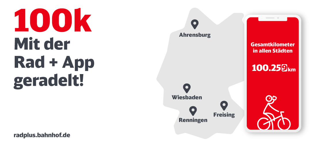 Gemeinsam nachhaltig Strecke machen. Bereits 100.000 km wurden mit der Rad+ App gesammelt. Wir freuen uns über jeden erreichten Kilometer &amp; aktiven Radler. Sei Teil der Bewegung &amp; tausche gefahrene Kilometer bei exklusiven Partnern gegen Rabatte. Infos: radplus.bahnhof.de