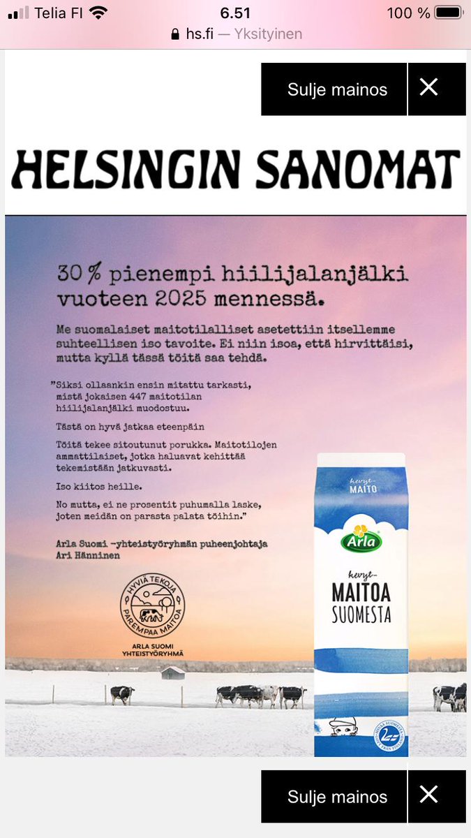 Ei sitä monesti nimi Hesarin kanteen päädy. Hyvällä asialla koko Arla Suomen tuottajat #hesari #arlateot #maitoasuomesta