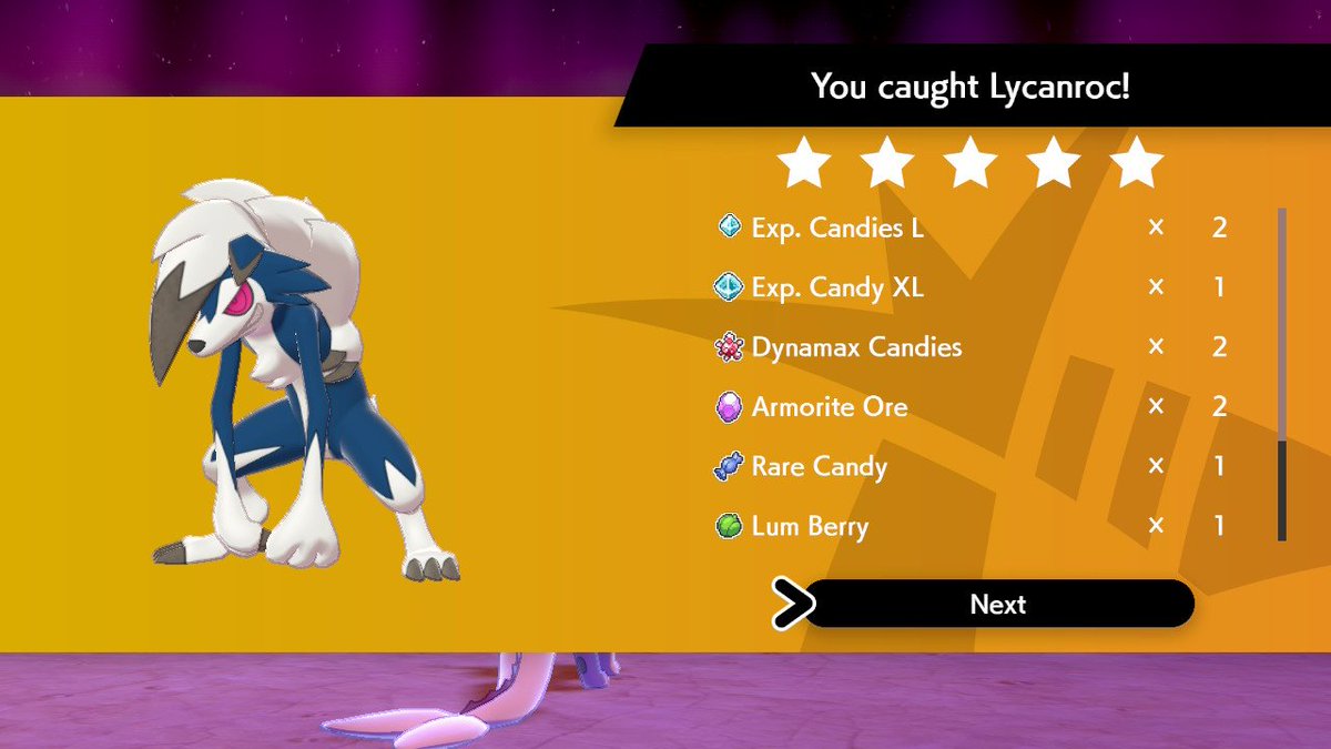 ShinyLogSwSh's tweet photo. Shiny Lycanroc from a raid! 
#shinypokemon #swordandshield #pokemonsword #NintendoSwitch #pokemon https://t.co/Q5vklMO3oM