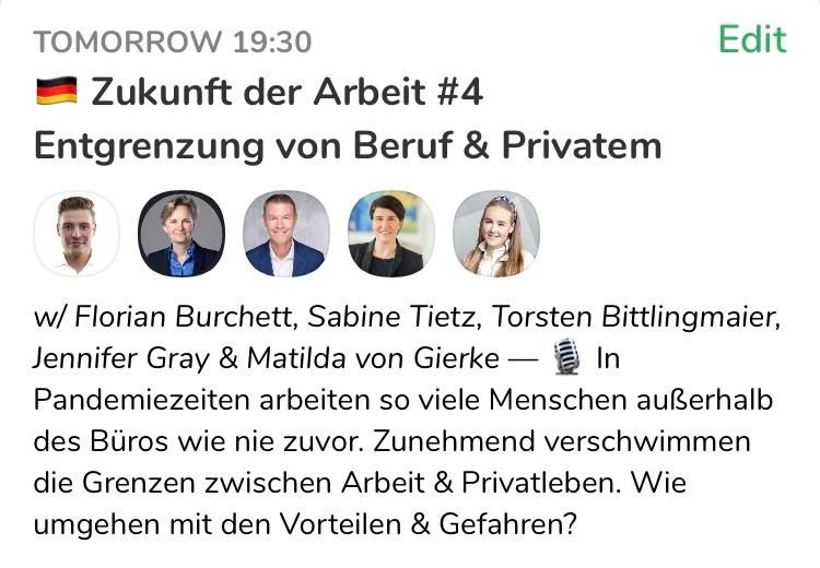 ZalvusRecruit's tweet photo. 🚀 Zukunft der Arbeit #4 
@joinClubhouse

⏰ Di, 02.03. - 19:30 Uhr
🔥 Thema: Entgrenzung von Arbeit &amp; Privatem
👉 Zum Event: https://t.co/psofg80LFE
#clubhouse #debate #debatte #flexbility #homeoffice #flextime #jobsharing #tandem #arbeitszeitmodell https://t.co/3XwZvHOAwi