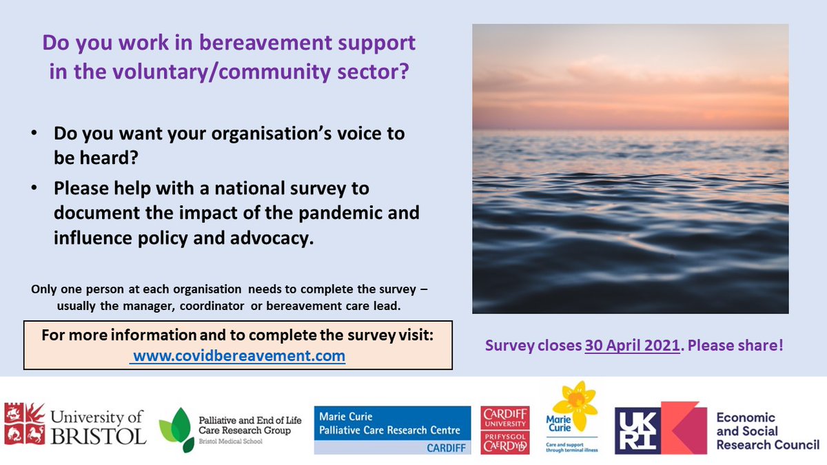Lucy Selman (@lucy_selman) on Twitter photo SURVEY NOW OPEN! Please share across UK bereavement services to help describe their response to the #COVID19 pandemic and its impact on services. This is part of our national <a href="/UKRI_News/">UK Research and Innovation</a> <a href="/ESRC/">Economic and Social Research Council</a> study and will directly inform policy, advocacy and practice.
<a href="/EmilyHarrop10/">Emily Harrop</a> SURVEY NOW OPEN! Please share across UK bereavement services to help describe their response to the #COVID19 pandemic and its impact on services. This is part of our national <a href="/UKRI_News/">UK Research and Innovation</a> <a href="/ESRC/">Economic and Social Research Council</a> study and will directly inform policy, advocacy and practice.
<a href="/EmilyHarrop10/">Emily Harrop</a>