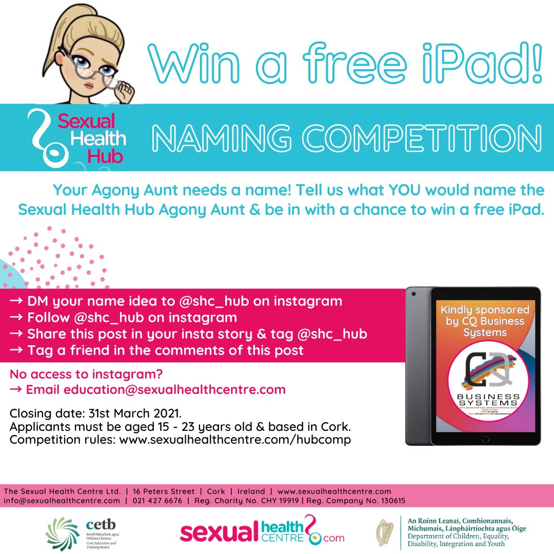 It’s time 🎉🎉

We are delighted to launch a creative competition for Cork Youth to - 

⚠️Name their Agony Aunt⚠️

 Head over to Instagram.com/shc_hub or sexualhealthcentre.com/hubcomp for more details 🙋‍♀️🙋‍♂️

#Competition runs until March 31st.