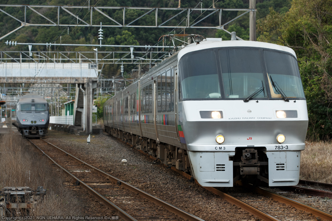 NON_Uehara's tweet photo. #キハ40,#キハ47,#5223D
#783系,#787系,#415系
■2021/3/1(月)
①←キハ147 1055 + キハ147 105 + キハ47 9046 + キハ40 8101 @ 5223D 日豊本線南端
②787系BO104, 783系CM3 @ 日豊本線南端
③787系BO104, 783系CM3 @ 日豊本線南端
④415系FK514(まだまだ綺麗) @ 日豊本線南端 https://t.co/BoYyAo78CT