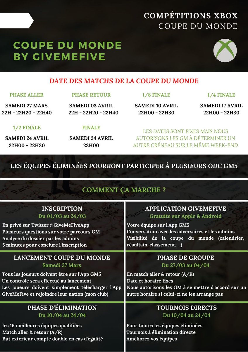 COUPE DU MONDE GM5 🌍

Après 400 joueurs réunis sur notre coupe des confédérations, nous enchainons avec une CDM 🏆

Les places sont limitées, de nombreuses sélections sont déjà bloquées, alors faites vite ⌛️