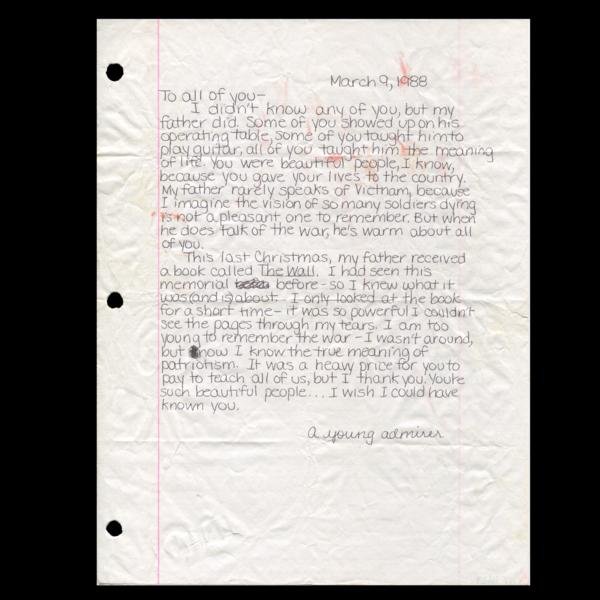 Left at The Wall: Letter addressed "To all of you" on The Wall and dated March 9, 1988. It reads in part, "I didn't know any of you, but my father did...I am too young to remember the war - I wasn't around, but now I know the true meaning of patriotism." bit.ly/2Ttew6n
