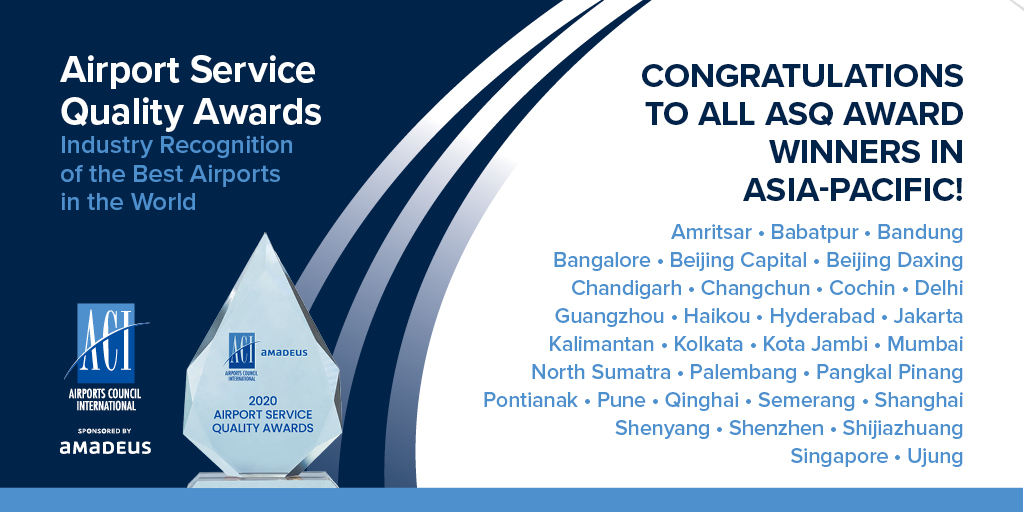 ACIWorld's tweet photo. Congratulations to @ACIAPAC ASQ Award winners: 

@PEKAirport @daxingairport @AAI_Official @CSMIA_Official @KochiAirport @ap2_pgk @BDO_AP2 @DelhiAirport @semarang_ap1 @BLRAirport @AAIVNSAIRPORT 

See the full list of winners: https://t.co/JmZkBbTDmV #ASQAwards @AmadeusITGroup https://t.co/srNyUO6uJ1