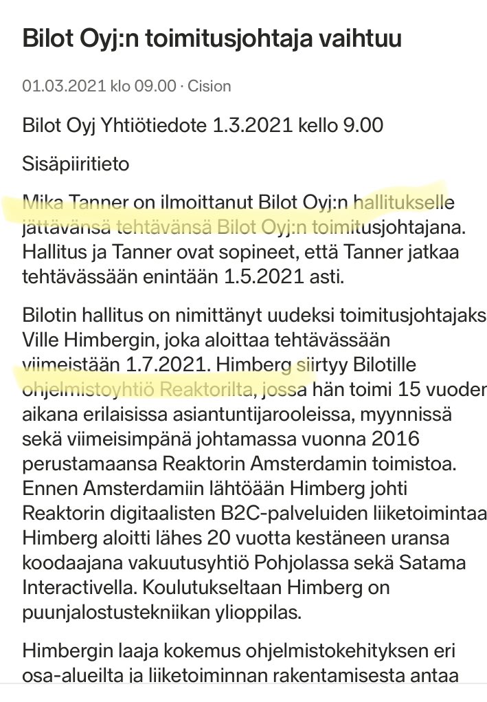 zijoittaja's tweet image. Ja toinen toimari vaihtuu. #Bilot ja Reaktorin kaveri tilalle.