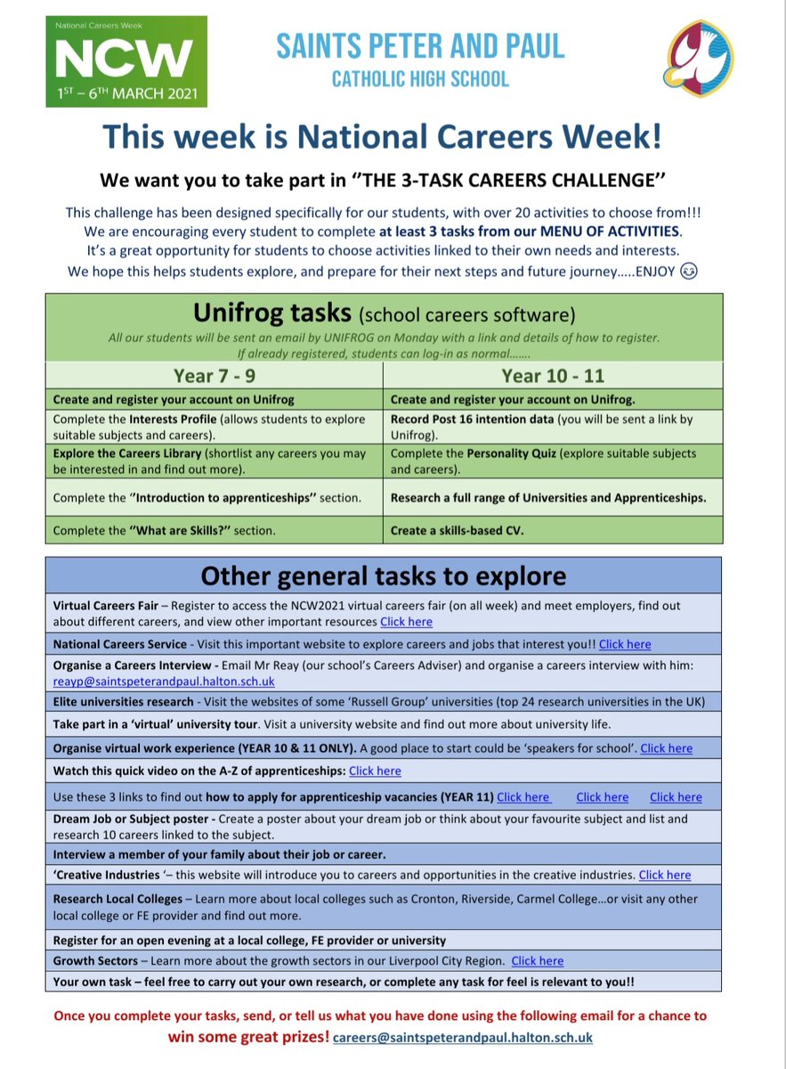 StspnpC's tweet photo. And here it is! As part of #NationalCareersWeek we have over 20 activities for @StsPnP pupils to explore. Remember to share your work by emailing careers@saintspeterandpaul.halton.sch.uk for a chance to win some top prizes! #GetInvolved #BePandP #NCW2021 https://t.co/Uc9O1mnljk