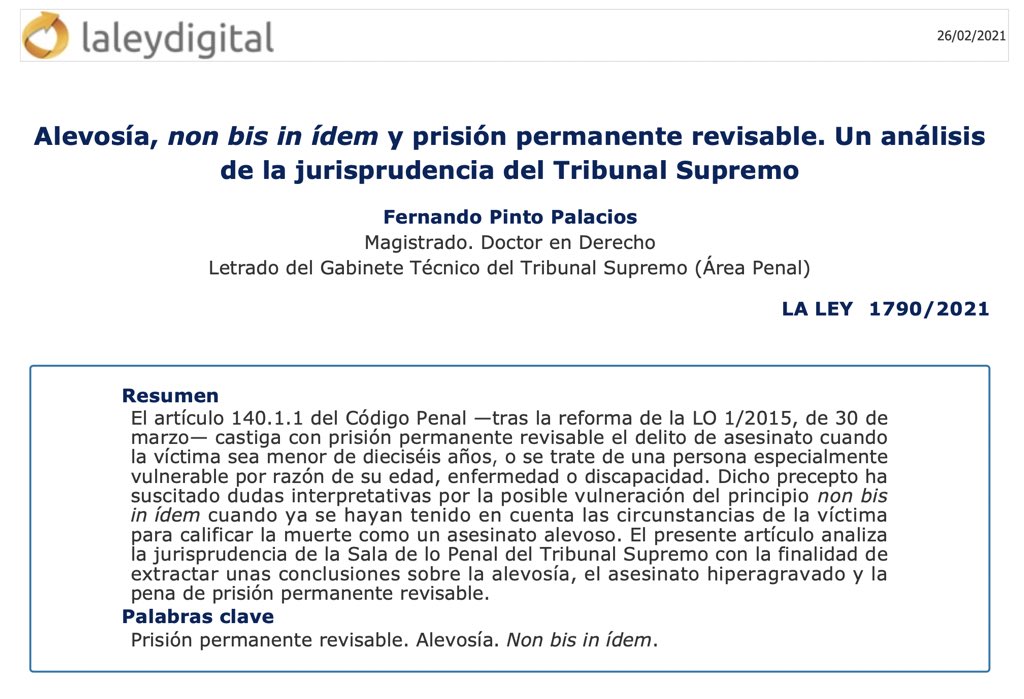 La semana pasada publiqué este artículo en @WK_Legal sobre la jurisprudencia del TS en relación a la alevosía, non bis in idem y prisión permanente revisable. ¡Feliz lunes! <a href="/ui1Universidad/">Universidad Isabel I | Tu universidad online</a> <a href="/DerechoUIB/">Facultat de Dret UIB</a> <a href="/escar_gm/">Escarlata Gutiérrez ⚖️</a> <a href="/Juango_Ospina/">Juan Ospina</a> <a href="/A_definitivas/">A definitivas - Portal Jurídico</a> <a href="/icaib/">ICAIB</a> <a href="/joseluissariego/">jose luis sariego</a> <a href="/juecesAPM/">APM Nacional</a>
