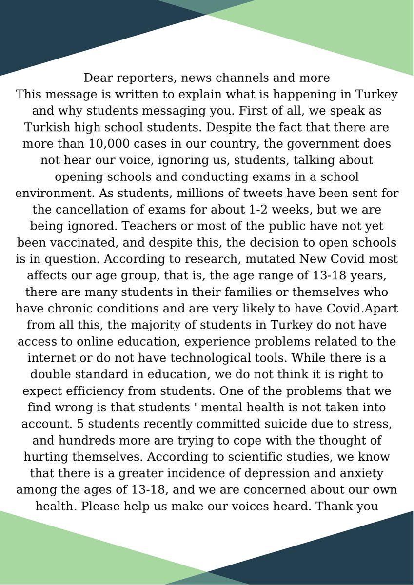 #NoticeTurkishStudents Ziya Selçuk will put the lives of Turkish students in danger for the sake of a piece of paper. Please give our Turkish students a helping hand and hear our voices. <a href="/WHO/">World Health Organization (WHO)</a> <a href="/DrTedros/">Tedros Adhanom Ghebreyesus</a>