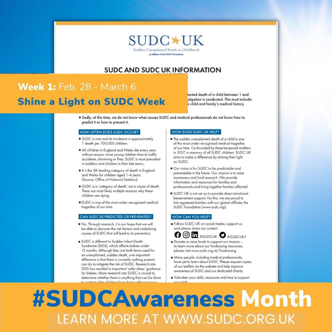 SUDCUK1's tweet image. March is Sudden Unexplained Death in Childhood (SUDC) Awareness Month! Please help us “Shine a Light on SUDC" by educating someone new about SUDC! 

Check out sudc.org.uk/awareness for everything you need to shine a light on SUDC! 

Thank you! #SUDCAwareness