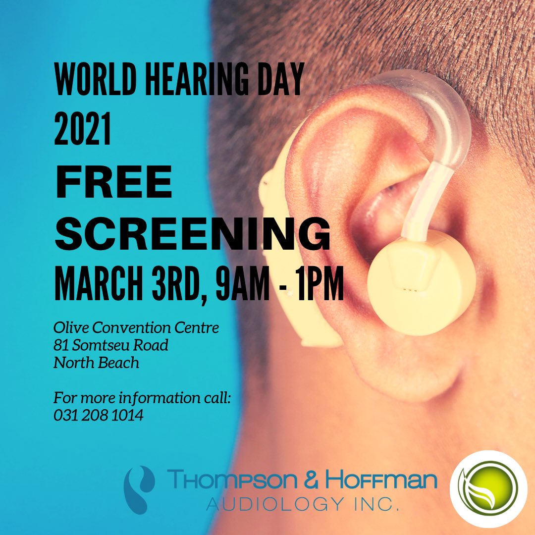 OliveConvention's tweet photo. In honour of World Hearing Day, Thompson &amp; Hoffman Audiology Inc. will be doing free hearing screenings at the Olive Convention Centre. 

For more information contact 031 208 1014

#WHD_2021 #worldhearingday2021 #freehearingtest #iamolive https://t.co/1x98d47U31