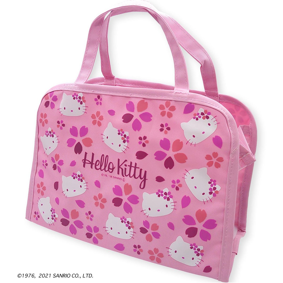 「ハローキティ 温泉バッグ・桜柄可愛いピンク地に桜とキティがちりばめられたデザイン」|ご当地キティのイラスト