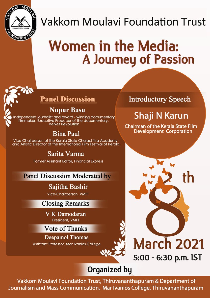 vakkommoulavi's tweet photo. International women's day 8th March 2021. Women in the Media.
Join @zoom. Meeting ID: 861 4284 3107, Passcode: 790769
https://t.co/vLK6ZuPT25
#vmft #journalists #women #femalejournalists #shajinkarun #nupurbasu #binapaul #saritavarma #sajithabashir #vkdamodaran #deepamolthomas https://t.co/o2xHKb9g6N