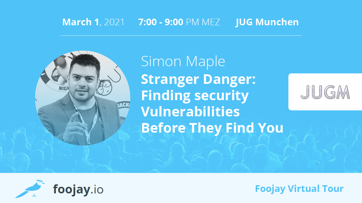 Foojay.io Tonight! the Virtual Foojay JUG Tour kicks off with <a href="/sjmaple/">Simon Maple</a> from <a href="/snyksec/">Snyk</a> at #JUG Munich: meetup.com/Java-User-Grou…