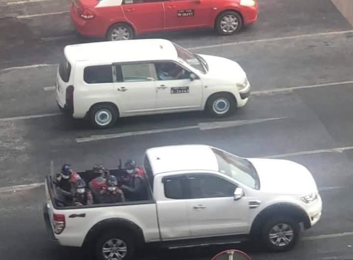 WinBoBo7's tweet photo. Military and police terrorists use the local trucks for crackdown on peaceful protesters today 1st March 2021 in Yangon 

https://t.co/ul4ZzeXAUJ https://t.co/USnFBWwqUH