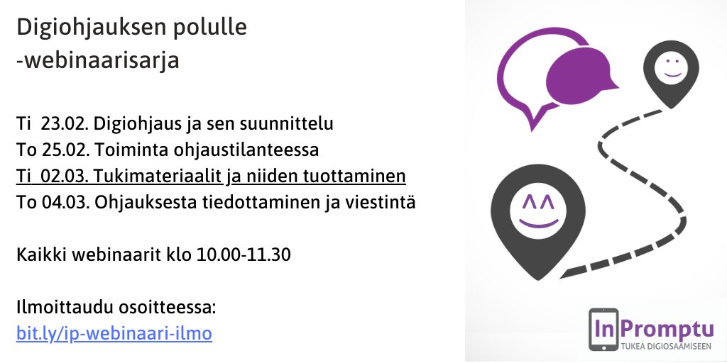 Jatkamme digiohjauksen polulla jälleen huomenna, jolloin aiheena "Tukimateriaalit ja niiden tuottaminen". Tutustu viime viikon tallenteisiin ja julkaisemaamme suunnittelupohjaan täällä: bit.ly/digiohjauksen-… #digiosaaminen #digiohjaus #ESRtaito <a href="/tiekery/">TIEKE</a> <a href="/hetyfi/">Helsingin Työkanava HeTy Ry</a> <a href="/taikoja/">Милана Ухова</a>