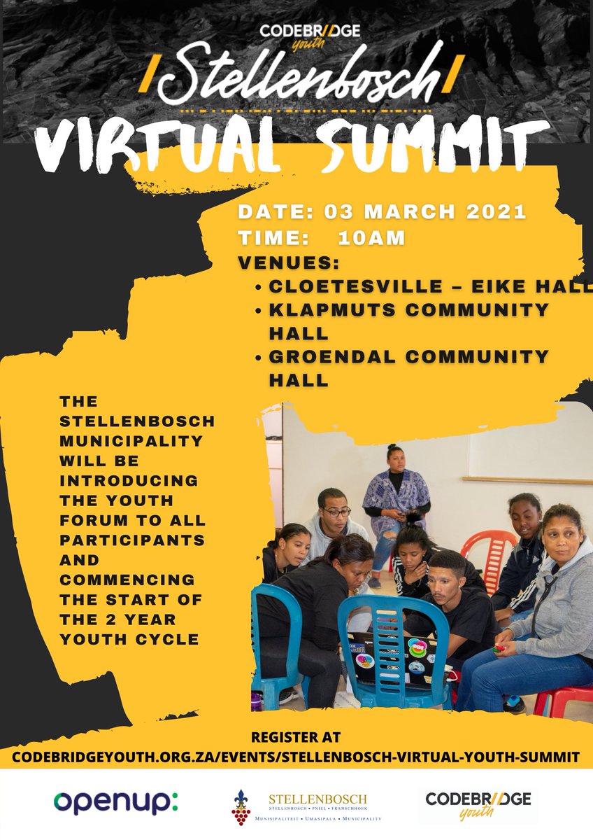 StellMun's tweet image. Stellenbosch Municipality and @codebridge Youth are proud to present our first ever virtual Youth Summit.
Register here: codebridgeyouth.org.za/event/stellenb…