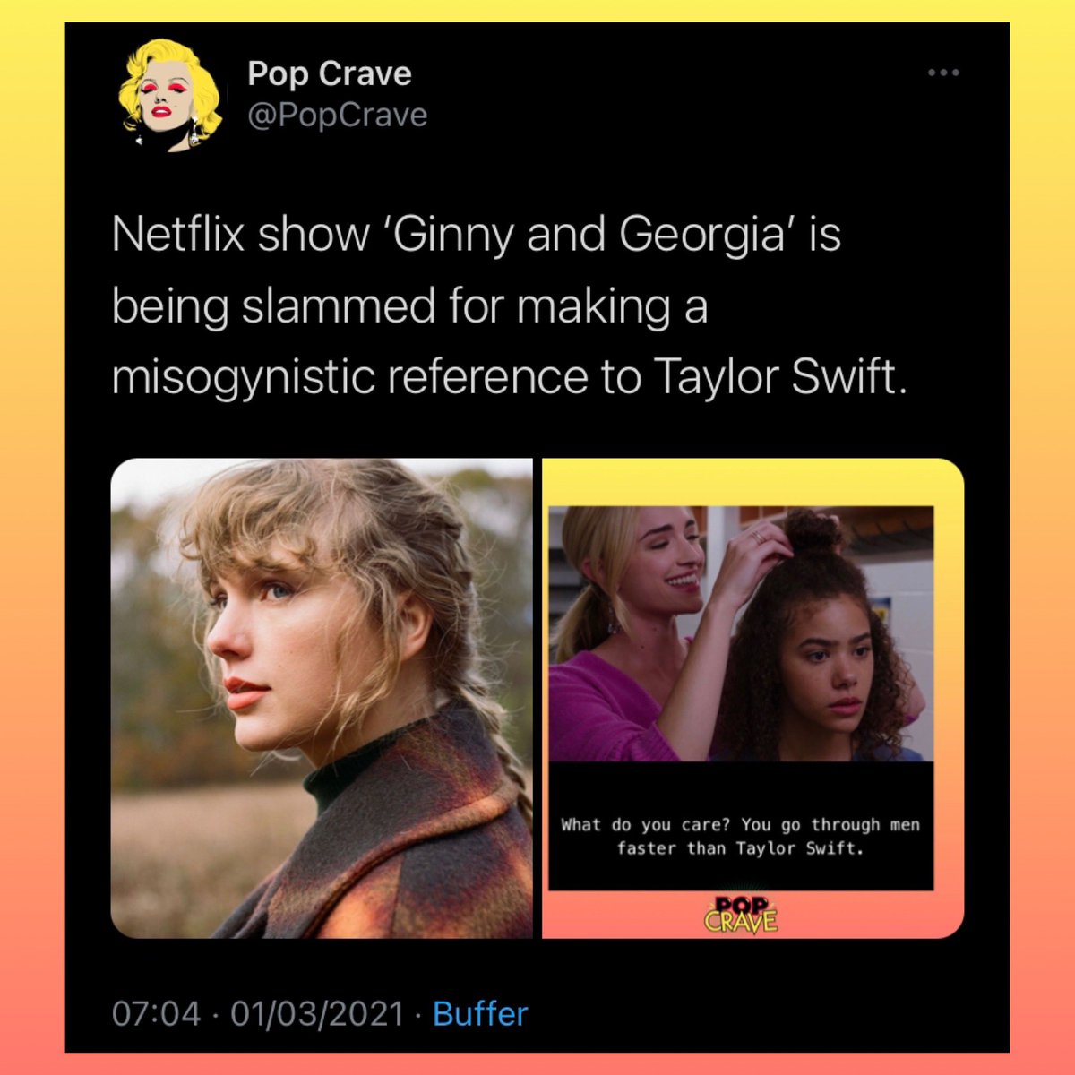 PopCrave's tweet photo. ‘RESPECT TAYLOR SWIFT’ trends on Twitter after Netflix show ‘Ginny and Georgia’ made a misogynistic reference to the singer. https://t.co/7g0GZdya59