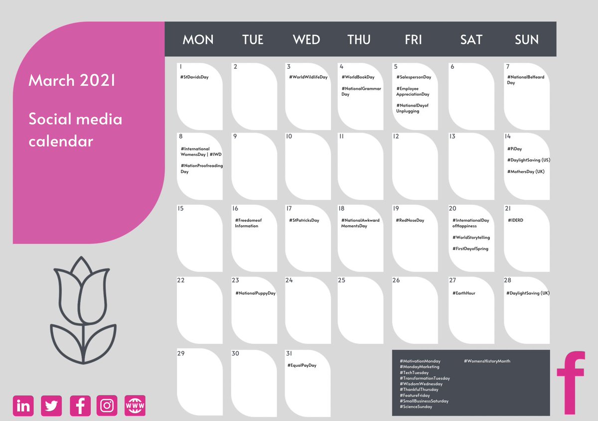 Spring into social media action! Download our calendar of hashtags and awareness days to engage, promote relevant content and leverage brand awareness 👇[No email needed to access it!]

#socialmedia #technicalmarketing #content

bit.ly/2NI2VAu