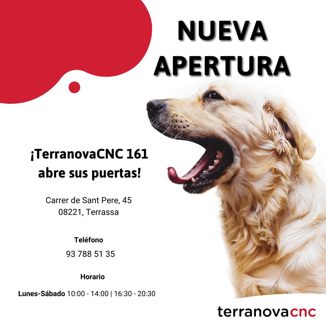 !!NUEVA APERTURA!!

TerranovaCNC 161 ya ha abierto sus puertas en Terrassa.

Horario: Lunes - Sábado: 10:00h a 14:00h/ 16:30h a 20:30h.

93 788 51 35

Carrer de Sant Pere, 45 - Terrassa❤️🐾

#terranovacnc #animales #mascotas #apertura