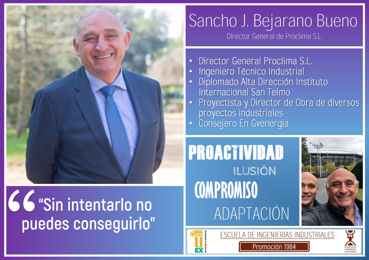 Hoy presentamos a <a href="/bejarano_sancho/">Sancho Bejarano</a>, Director General de Proclima S.L., promoción 1984 de Ingeniería Técnica Industrial en la <a href="/eii_uex/">E.II.II. UEx</a> de la <a href="/infouex/">UEx</a>. A destacar su proactividad, compromiso, profesionalidad, ilusión, adaptación. Enhorabuena!
<a href="/ingenieros_ext/">Ingenieros_Ext</a> <a href="/CEXITI/">CEXITI</a> @consejoeii