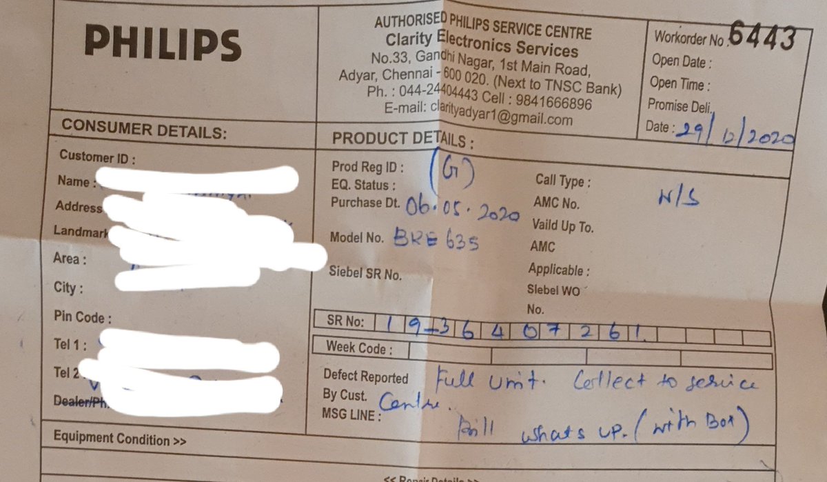 vignesh_207's tweet photo. @philipsindia Work order number 6443 at Clarity Electronics, Adayar, Chennai. Full unit submitted on 29/12/2020. https://t.co/WKynVFu8cC
