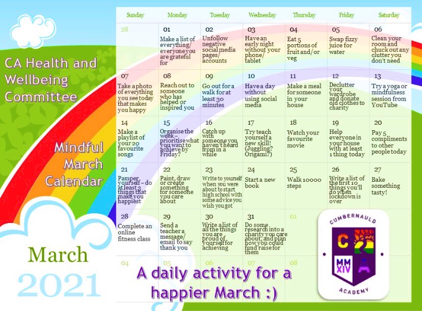 CAHWB's tweet photo. Our mindful March calendar💜

Join us for #MindfulMarch and hopefully you can find new ways to approach each day with more positivity ✨ https://t.co/1mWgrF8rg9