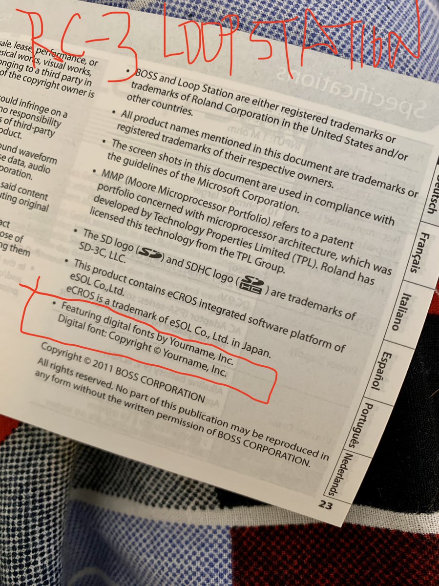colophon_info's tweet photo. @rolandmusikde hello! i was trying to find out what/who Yourname, Inc. Digital Fonts are. can you help? this information is included in the users manual for the RC-3 Loopstation pedal. thanks! https://t.co/1iTPqg59zO