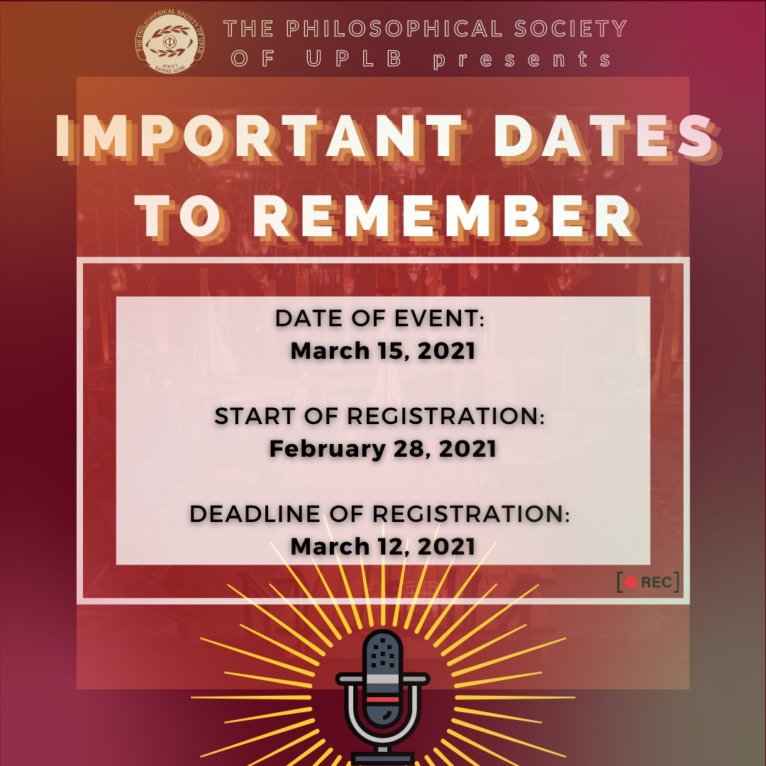 PhilosocUPLB's tweet image. You may register at bit.ly/Olympiad2021Ex…. Only the first 10 registrants will participate in the contest. Here is the criteria for judging, rankings &amp;amp; prizes, as well as the important dates to remember!

#Olympiad2021
#TatakPhilosoc