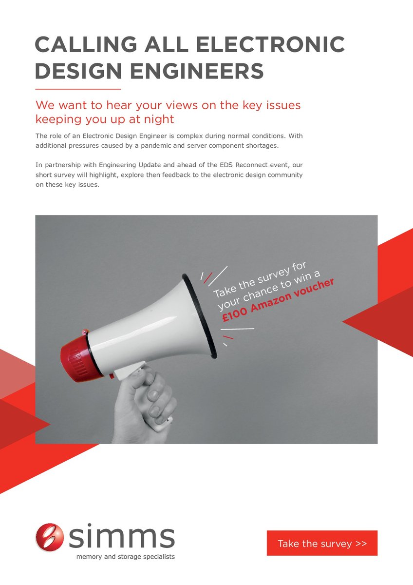 Engupdate's tweet photo. Calling all #Electronicdesignengineers ! 

Filli n this quick survey from @Simms_Int for the chance to win a £100 @amazon  voucher. 

Survery here - https://t.co/wkcZNZMdQ1 https://t.co/GKhPfeerif